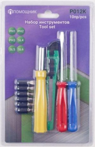 Набор инструментов Помощник 10 пр. (биты: PH1,2,3 SL 4,5,6мм; отвертка-битодержатель 120мм; отвертки: PH1х75мм, SL 4х72мм, нож канц-й) блистер 